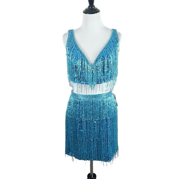 Jovani Fringe Sequin Beaded 2-Piece Mini Dress Prom Party Formal Blue Size 6 - Picture 4 of 10